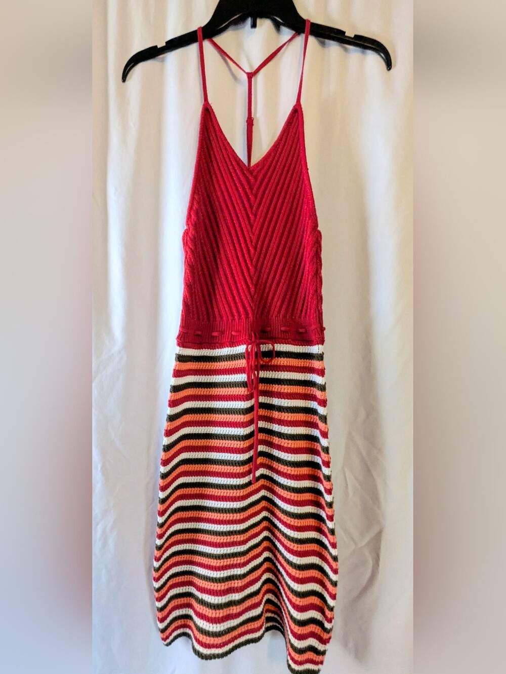 Candie's Boho Red And Striped Knit Crochet Tank Top Midi Dress Sz. M